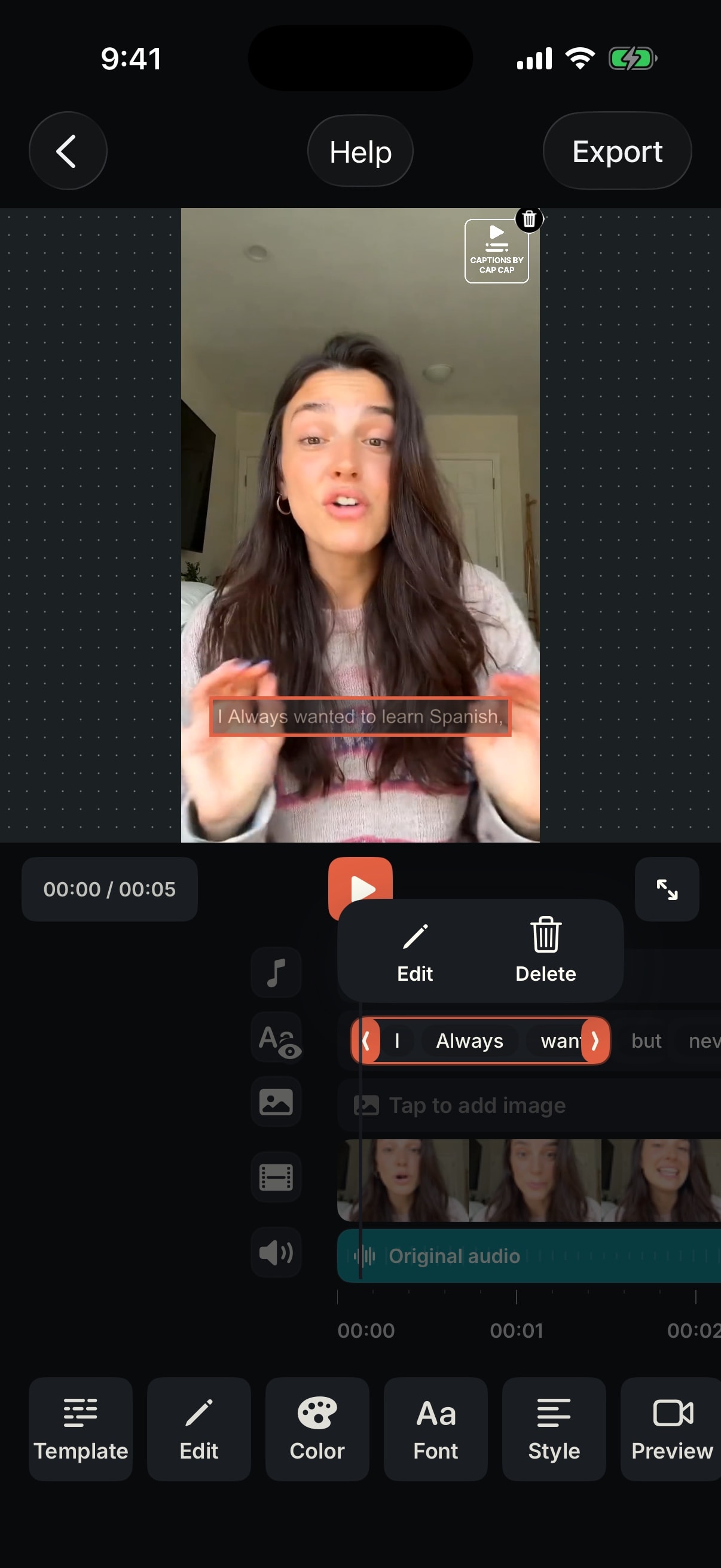 A caption line selected on the CapCap timeline, with trim handles and Edit and Delete actions
