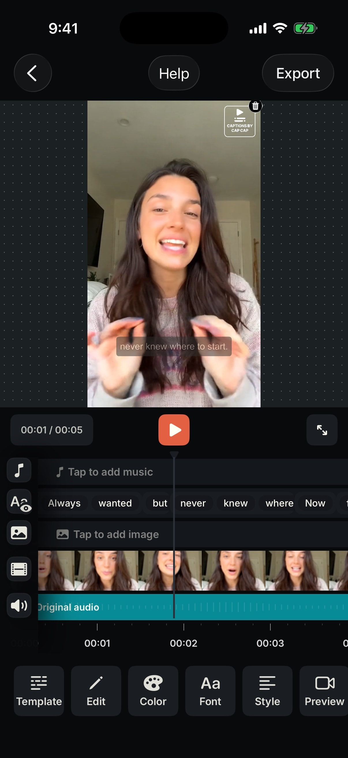 The CapCap editor, with captions on a video and the caption timeline below