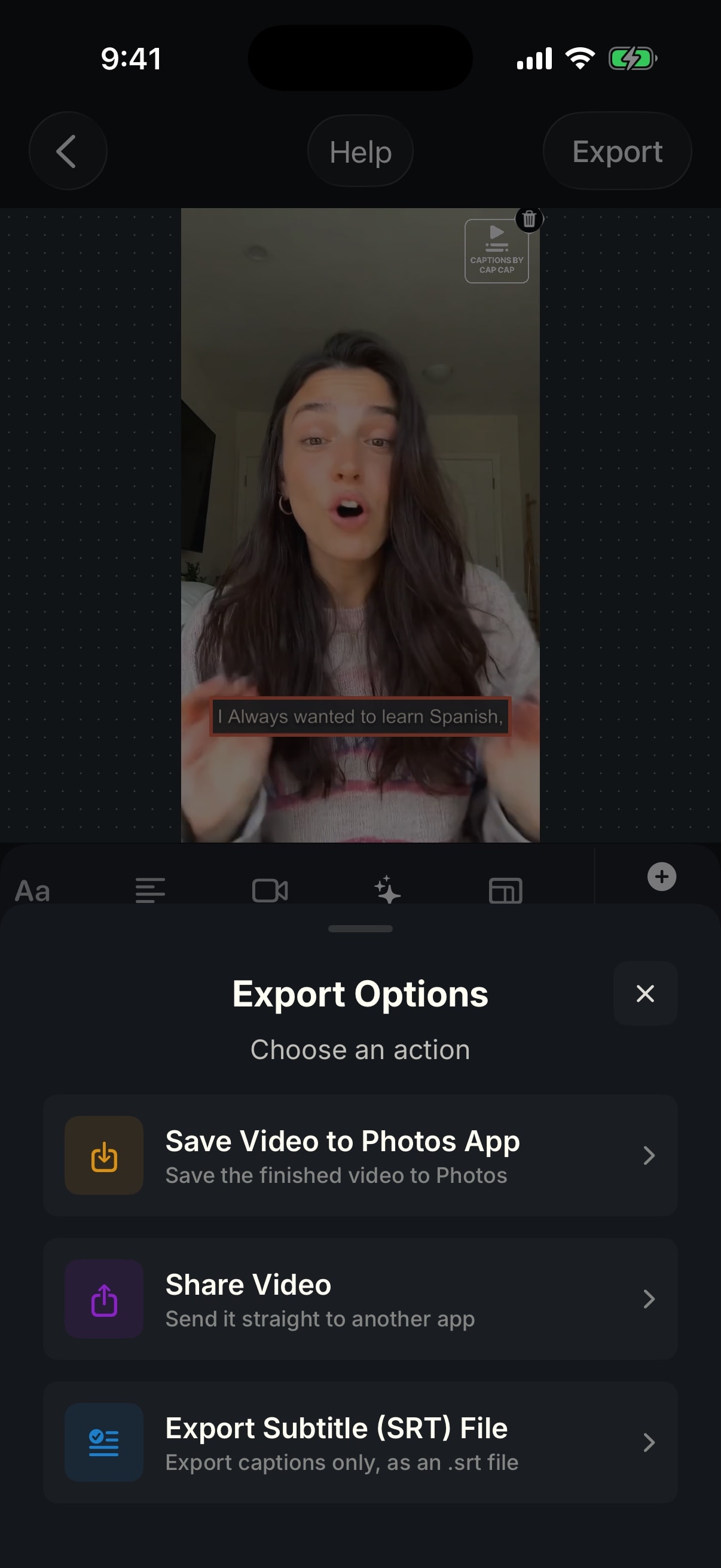 CapCap's Export Options: Save Video to Photos App, Share Video and Export Subtitle (SRT) File