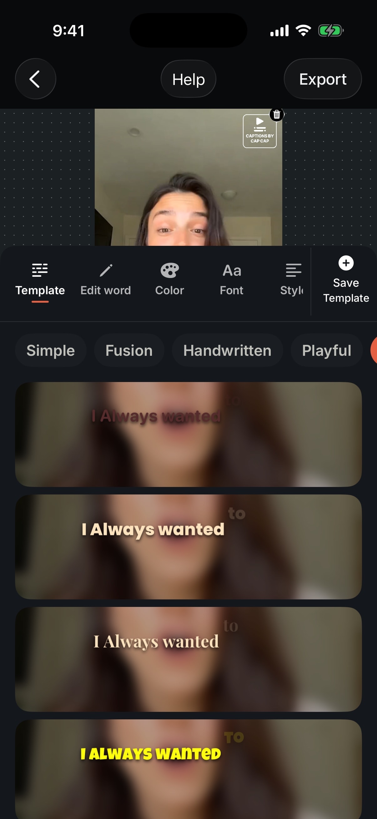 The template sheet in CapCap, showing Highlight caption templates