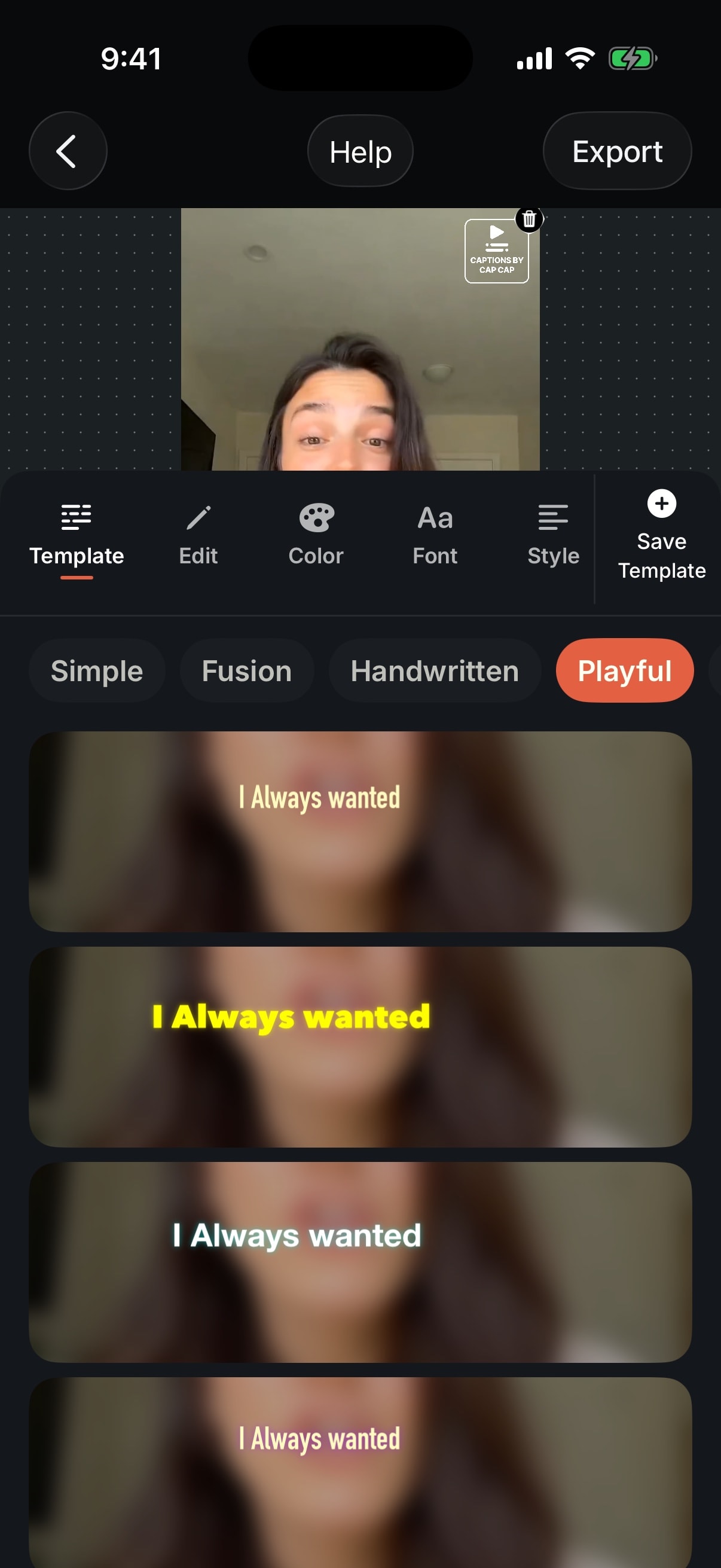 CapCap's Template tab, showing Playful caption templates